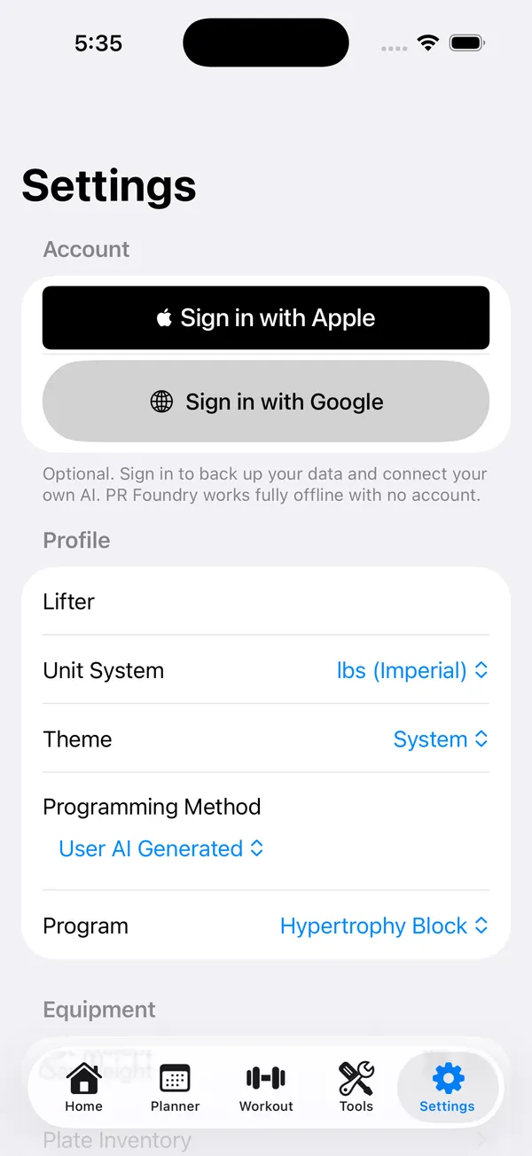 PR Foundry settings showing the User AI Generated programming method selected with an AI program chosen as the sub-program