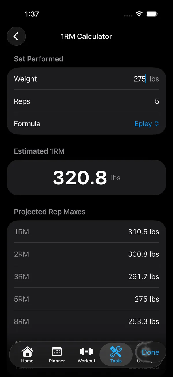 1RM calculator estimating a one-rep max from weight and reps with a projected rep-max table
