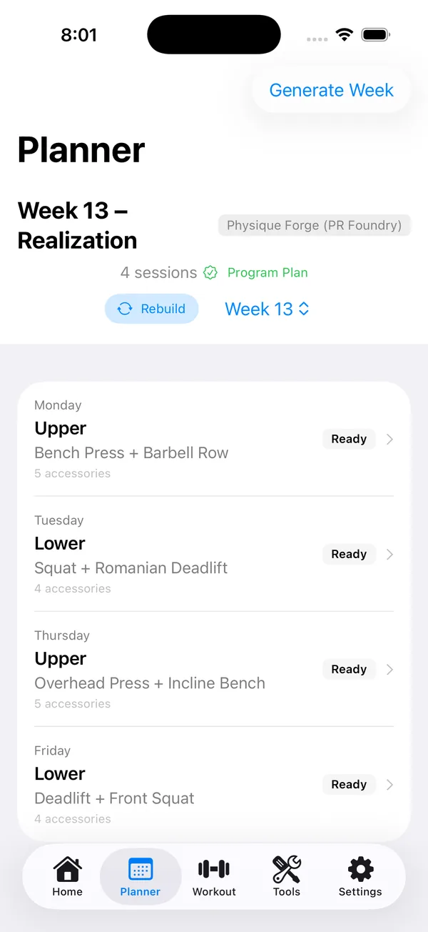 PR Foundry — Physique Forge screen