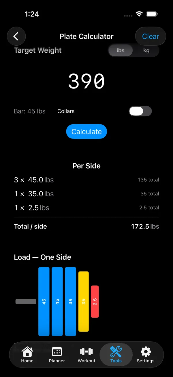 Plate calculator showing the plates to load on one side of the bar